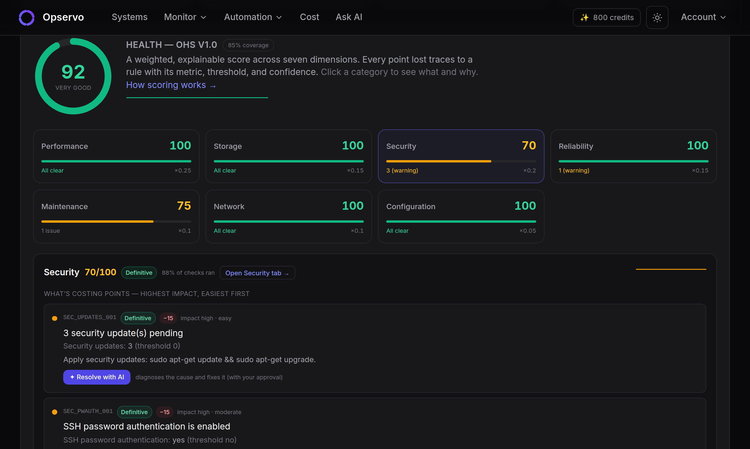 An Opservo server health score with each lost point showing its rule, threshold, current value and fix