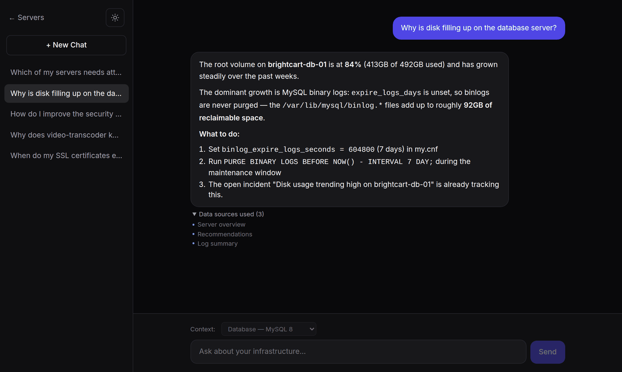 Opservo AI chat explaining why a server’s disk is filling, grounded in the server’s own data