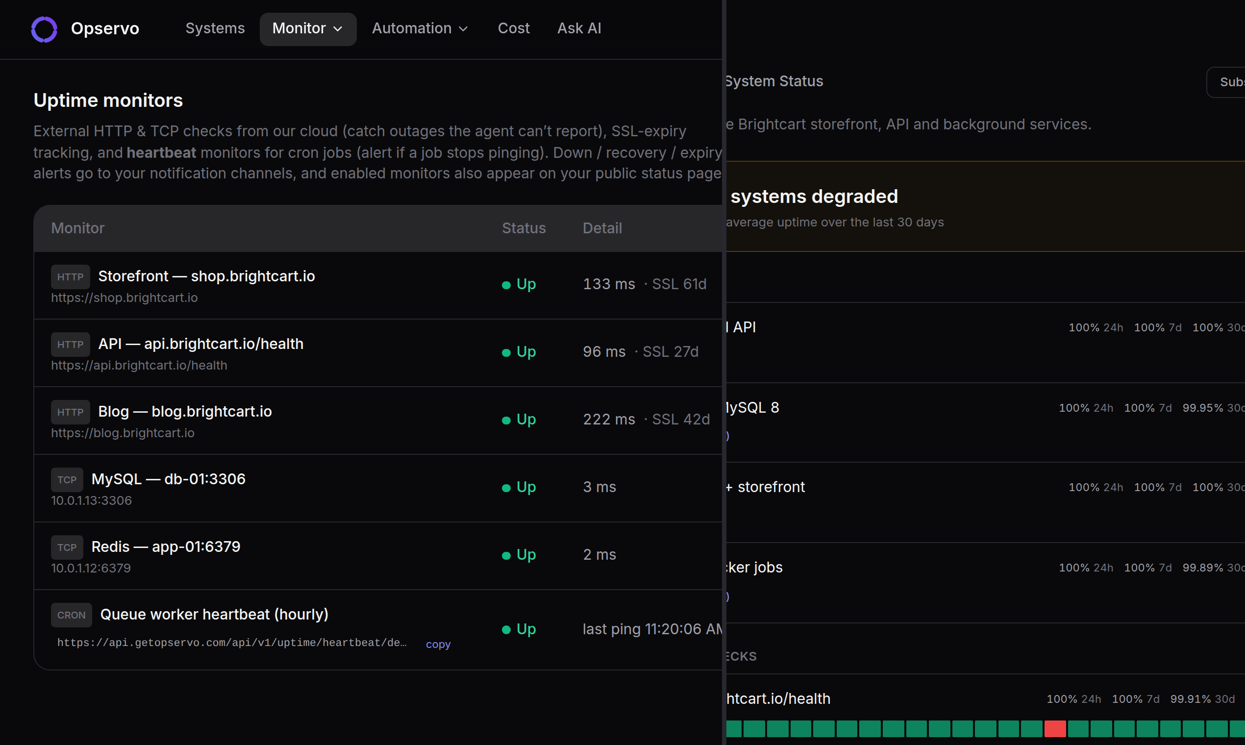 Opservo uptime checks beside a public status page